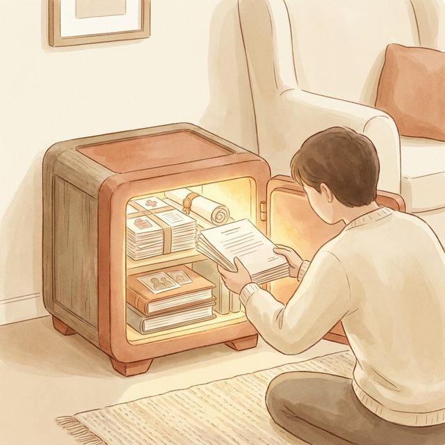 Padre organizando documentos familiares en una bóveda segura