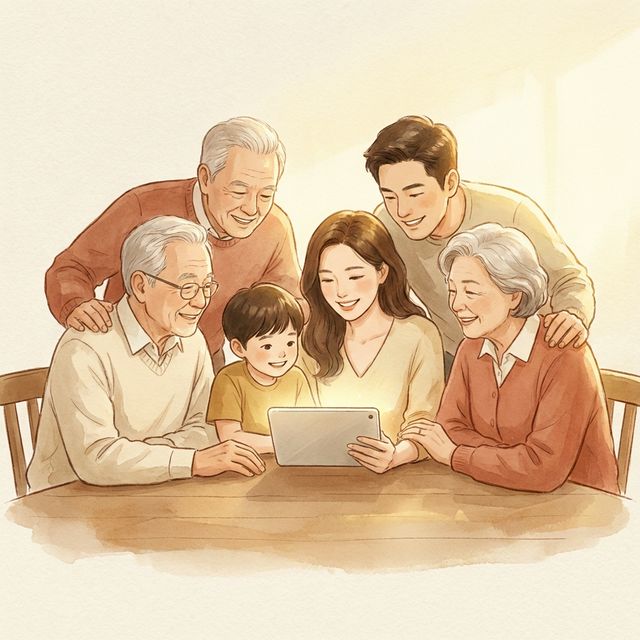 Familia multigeneracional compartiendo recuerdos alrededor de una tablet