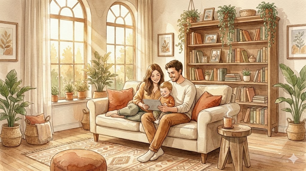 Familia joven con su hijo disfrutando recuerdos juntos