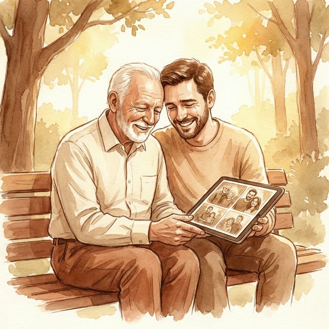 Padre y abuelo mirando recuerdos familiares juntos