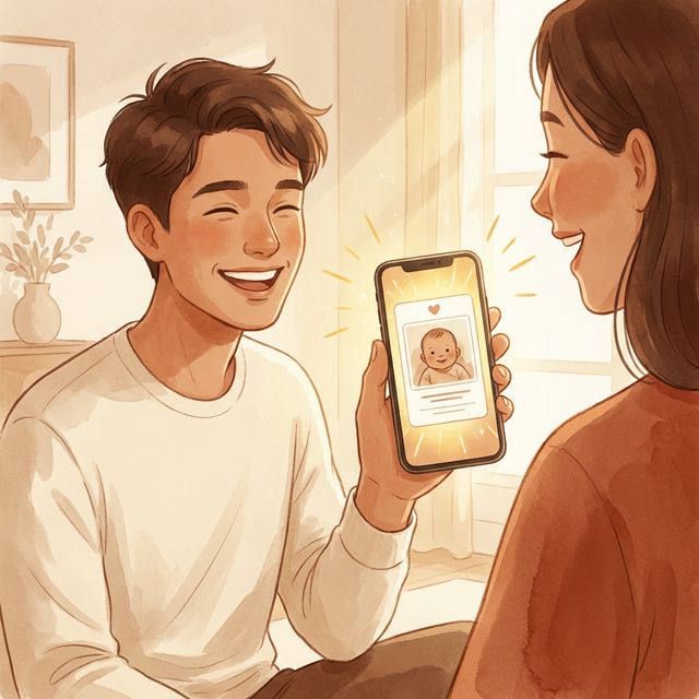 Padre compartiendo una tarjeta de recuerdo desde el móvil